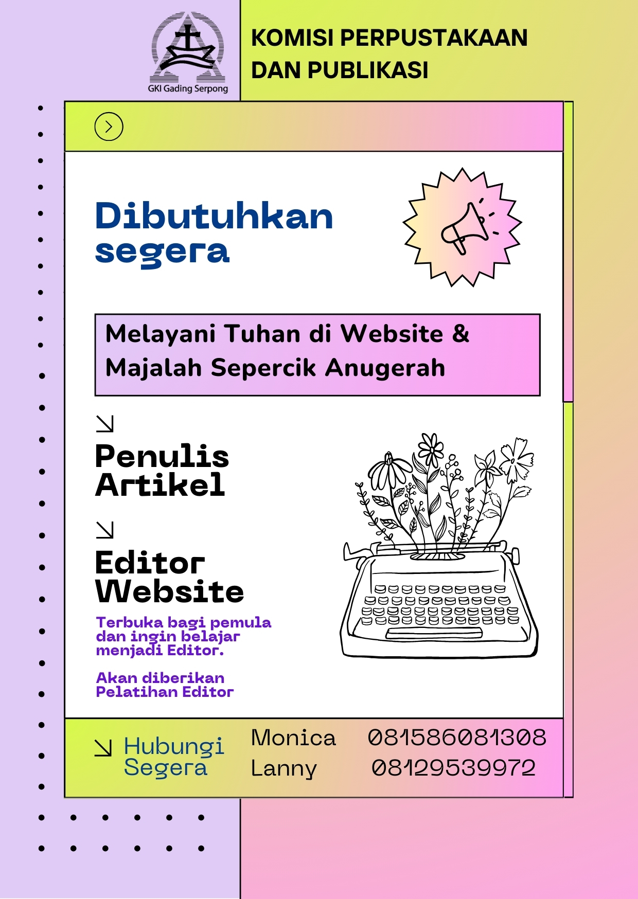 Mari Melayani di Website & Majalah Sepercik Anugerah